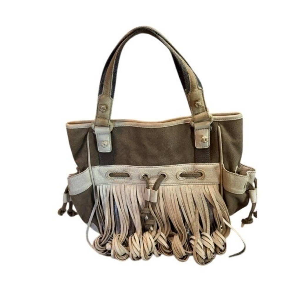 Katherine Kwei Olive Canvas‎ Leather Fringe Tote Bag Boho Knotted Shoulder Purse
